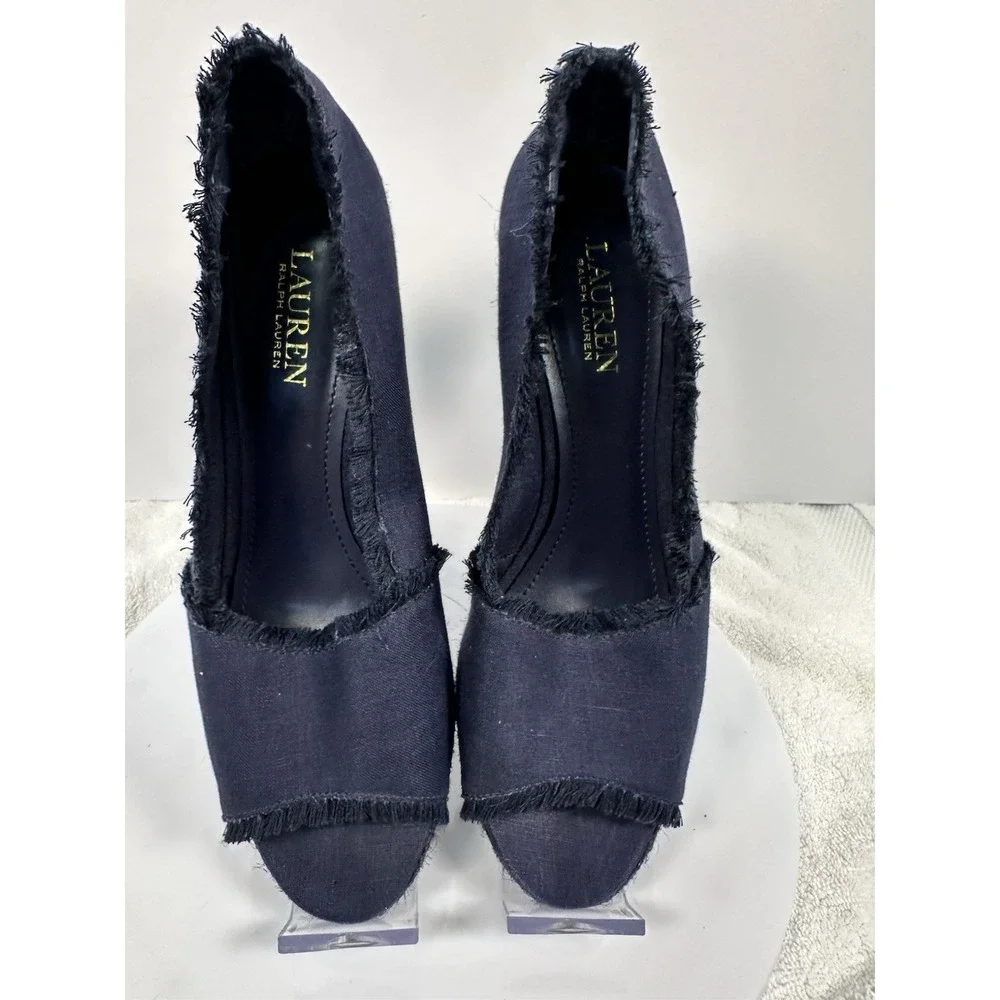 Ralph Lauren Linen Peep Toe Navy Blue Espadrilles Wedge Womens Sz 9‎ French chic